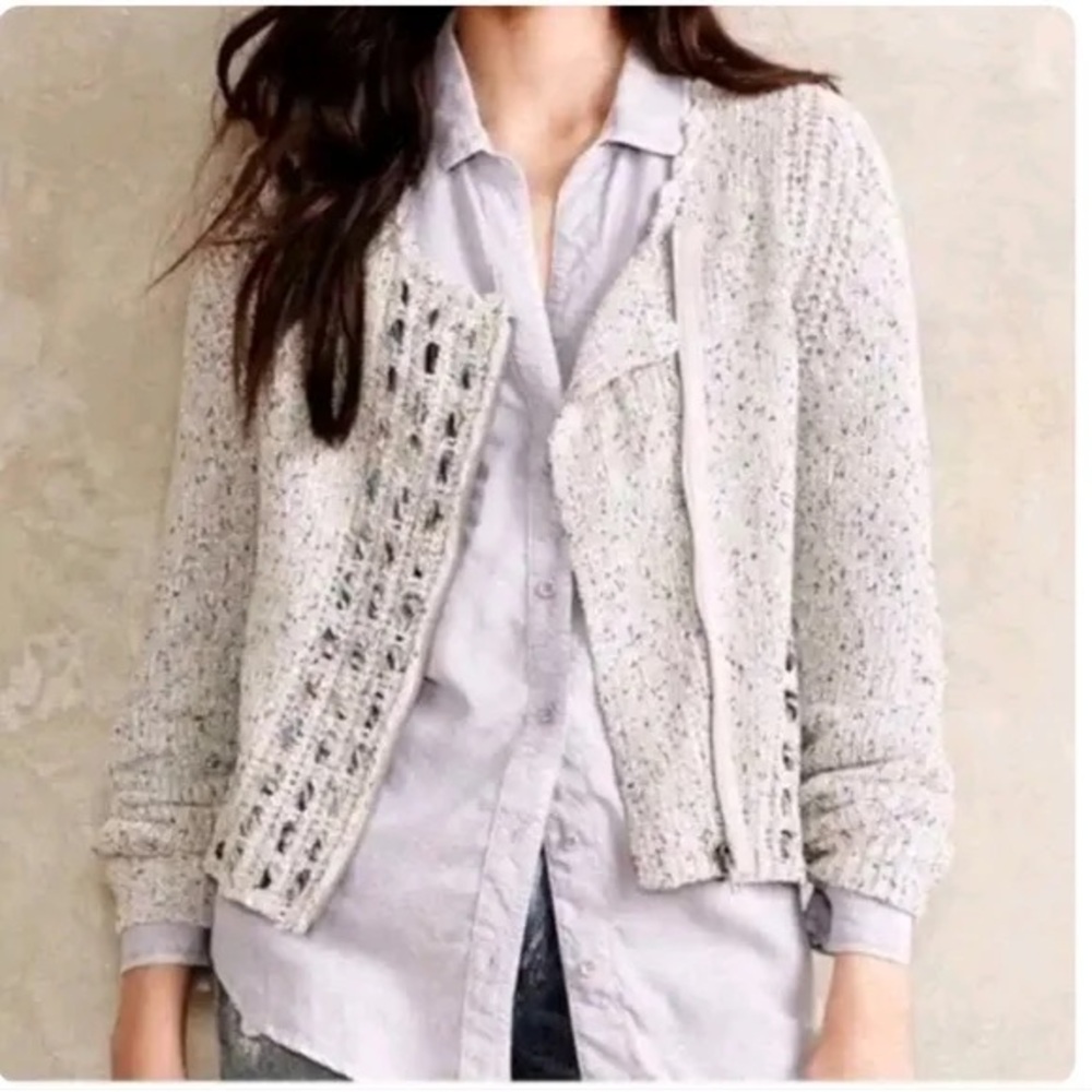 Anthropologie Knitted & Knotted Small Woven Pointelle Gray Zip Cardigan Sweater